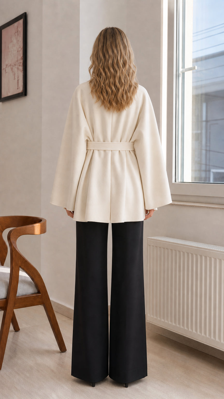 Back view of cream belted cape jacket with flared silhouette