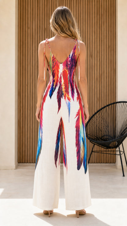 Back view of model in white feather print jumpsuit