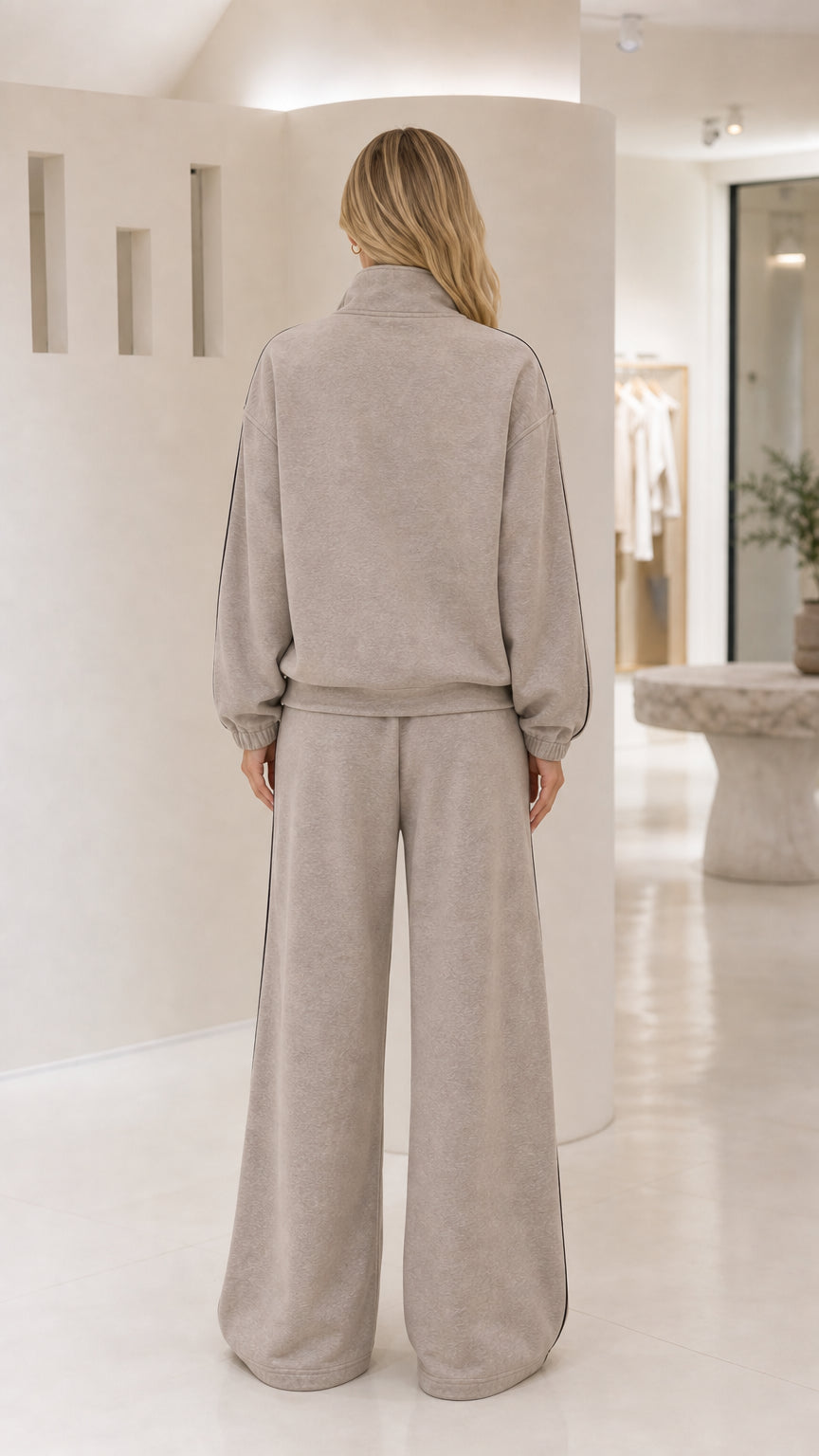 Back view of the taupe wide-leg tracksuit set