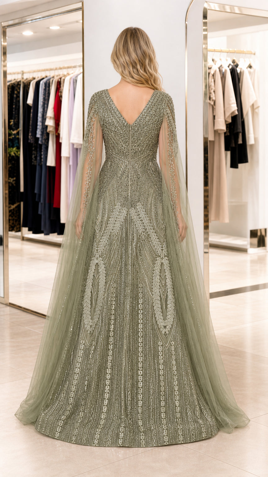 Back view of sage green embellished floor-length gown with V-back
