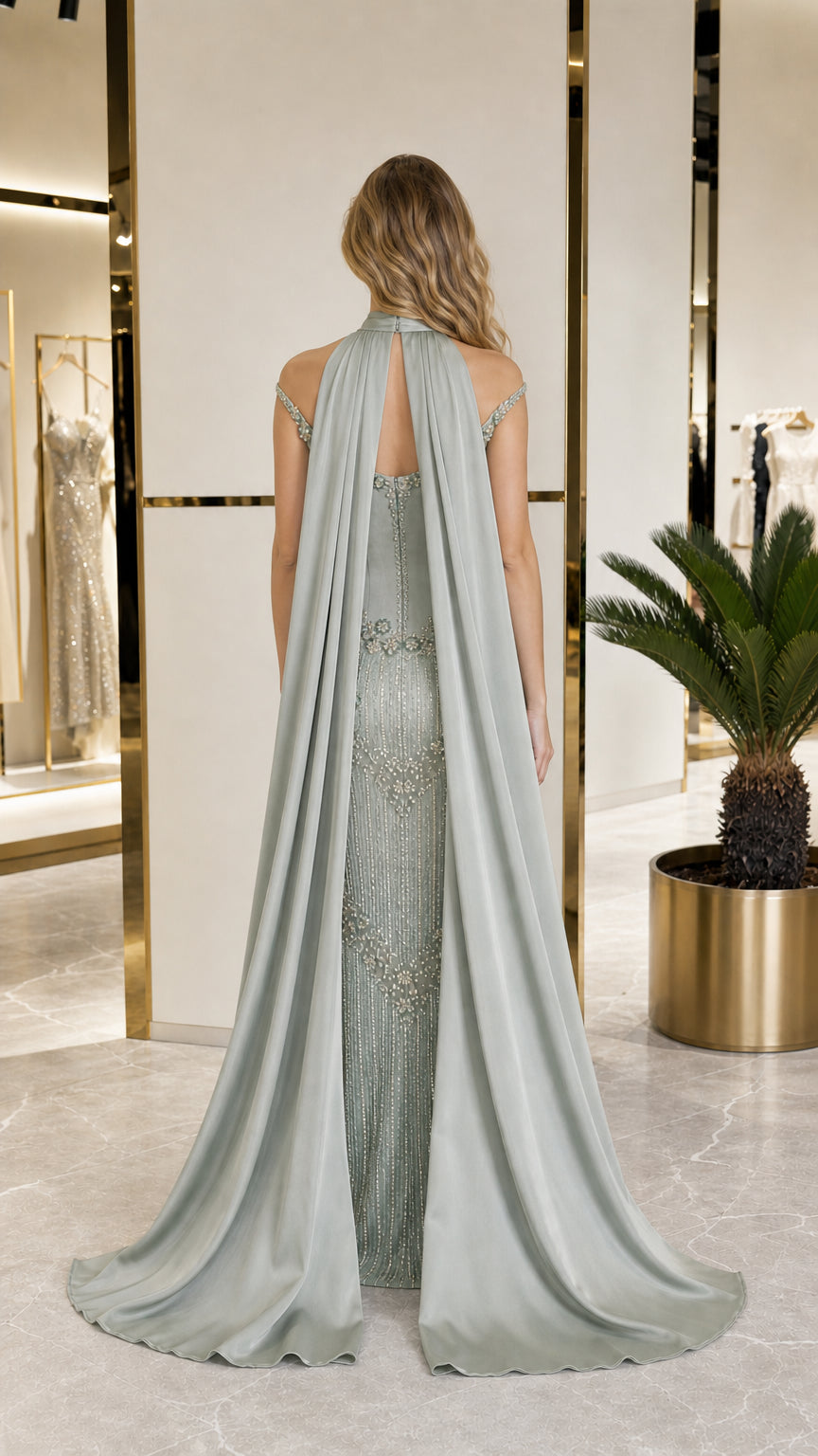 Back view of sage green gown highlighting cape construction