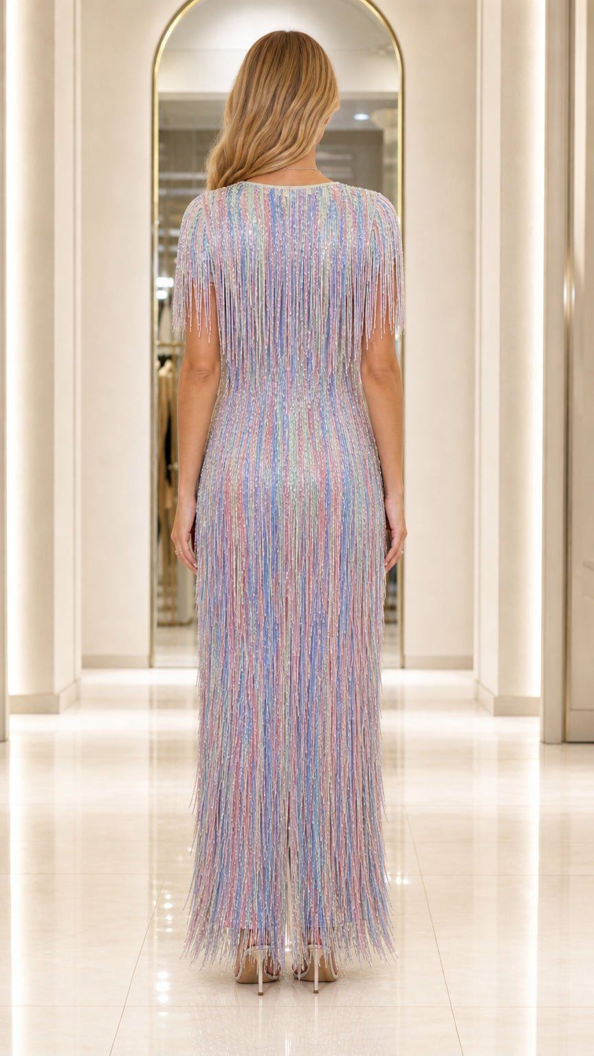 Back view of model in multi-color sequin fringe maxi dress