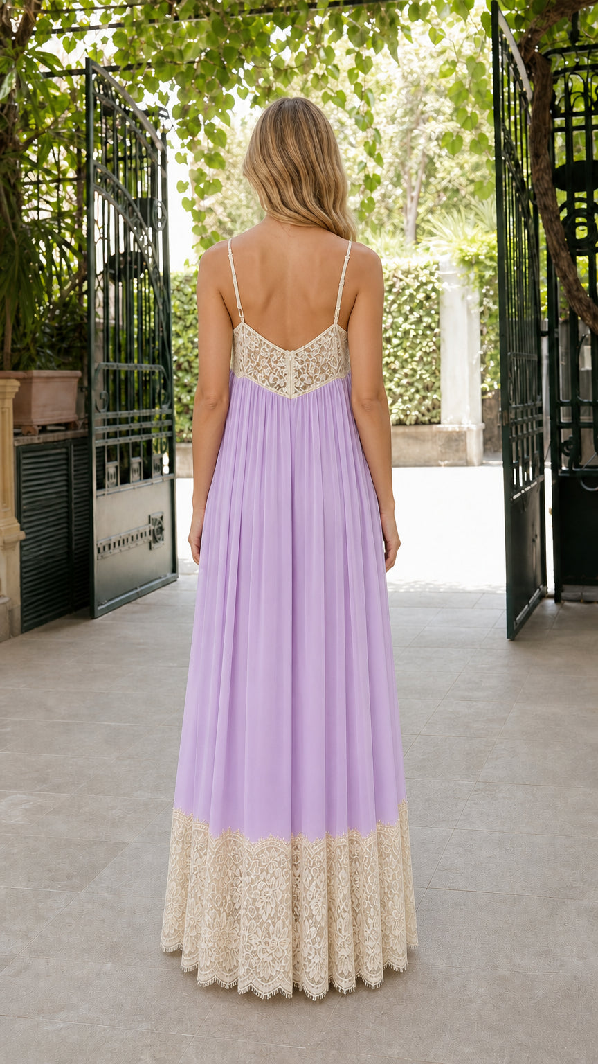Back view of woman wearing lavender cami maxi dress showcasing low back crochet lace detail
