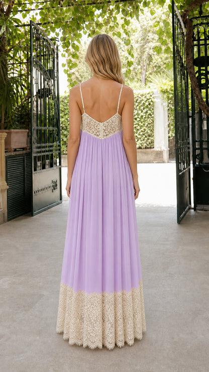 Back view of woman wearing lavender cami maxi dress showcasing low back crochet lace detail
