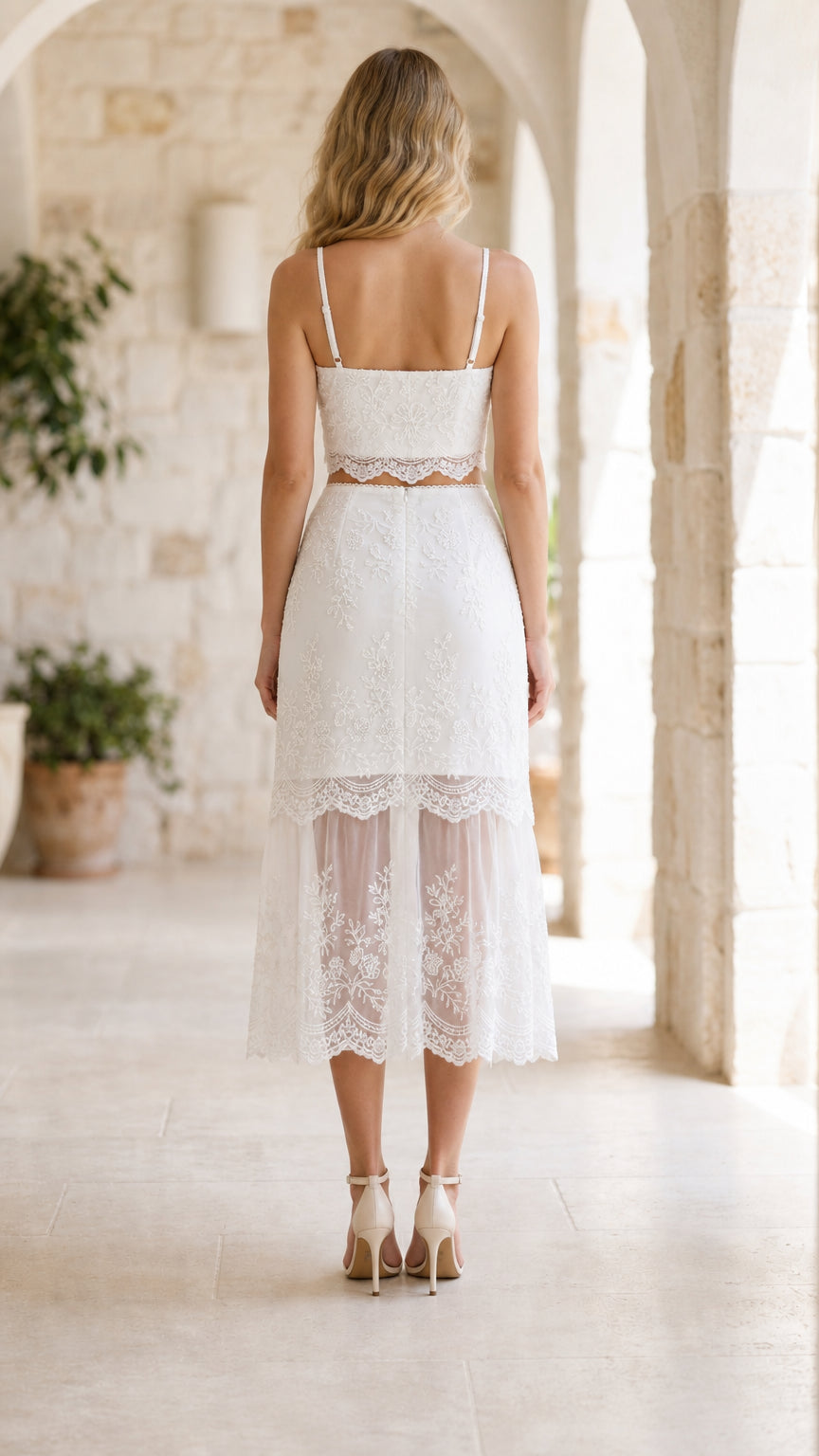 White lace two-piece set, back view