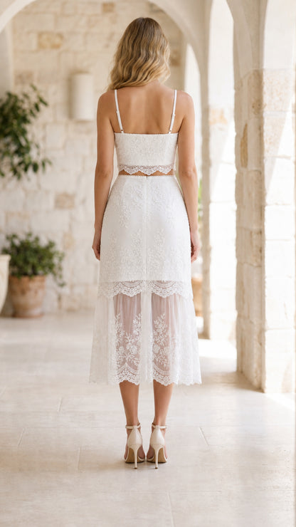 White lace two-piece set, back view