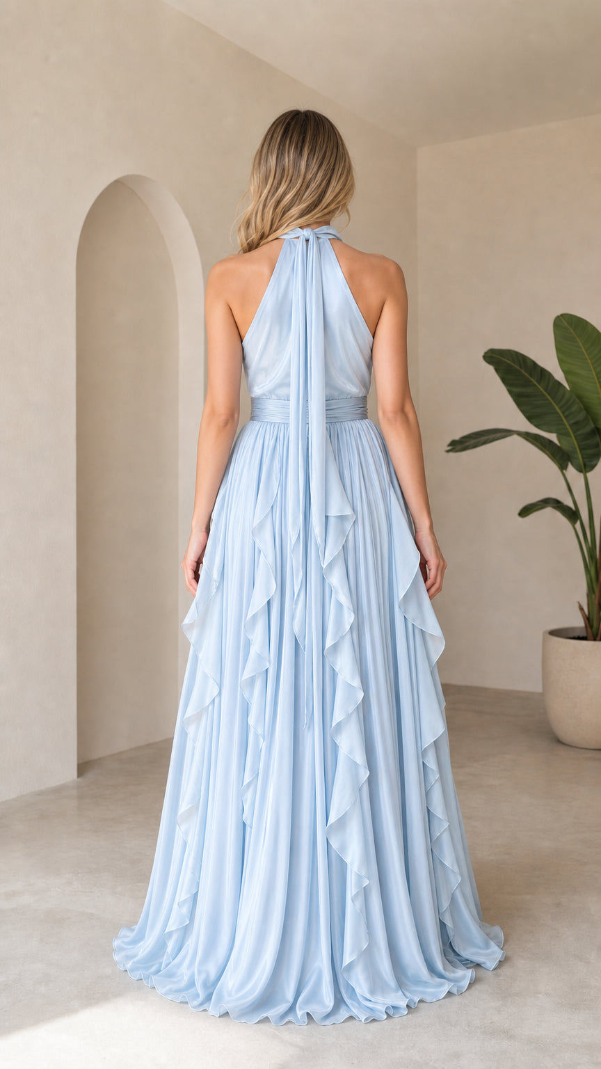 Back view showing tie straps on light blue dress