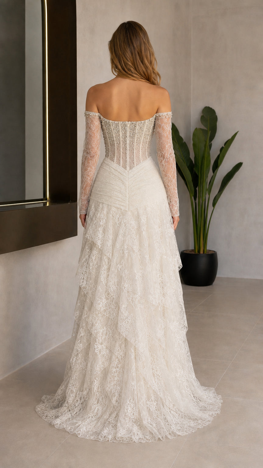 Back view of Ivory lace evening gown