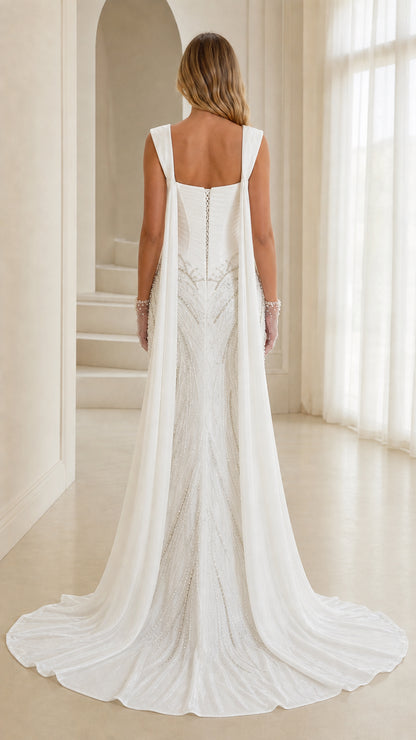 Back view of white evening gown showing train and back closure
