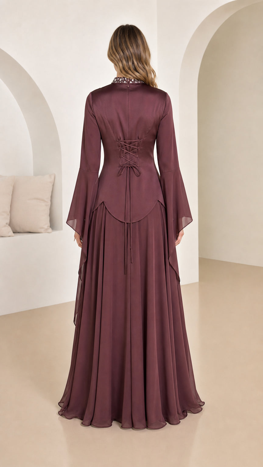 Back view showing lace-up corset detail on burgundy dress