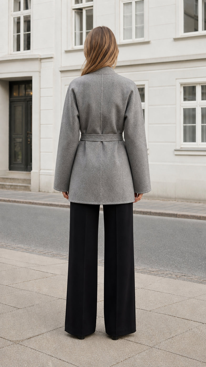 Back view of the heather gray thigh-length coat with a clean seam and tied belt
