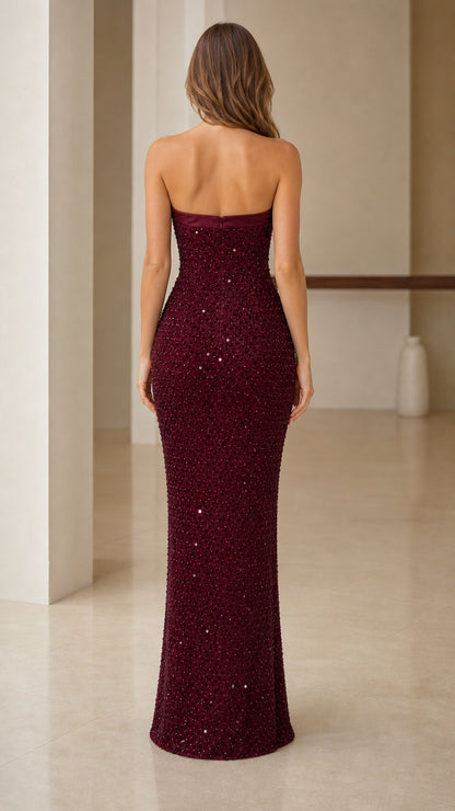 Back view of floor-length burgundy evening gown