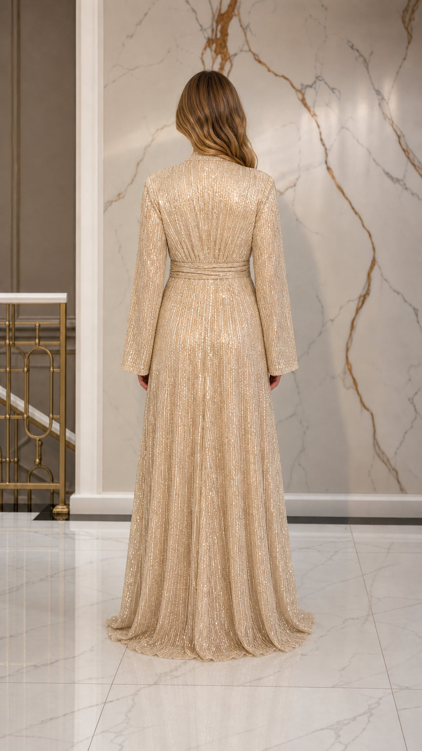 Champagne floor length shimmering dress back view