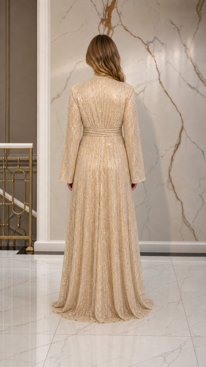 Champagne floor length shimmering dress back view