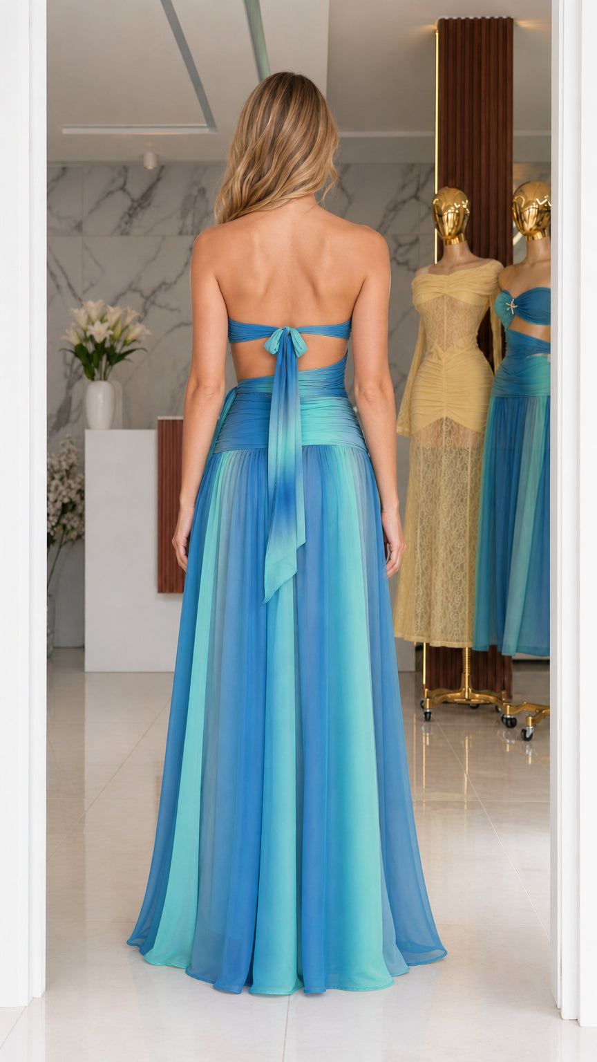 Model wearing blue ombre dress back view with tie closure