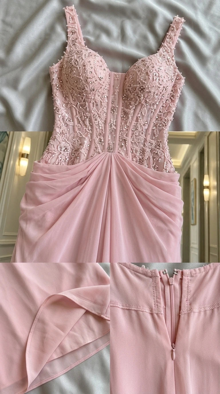 Close up details of pink evening dress bodice and zipper