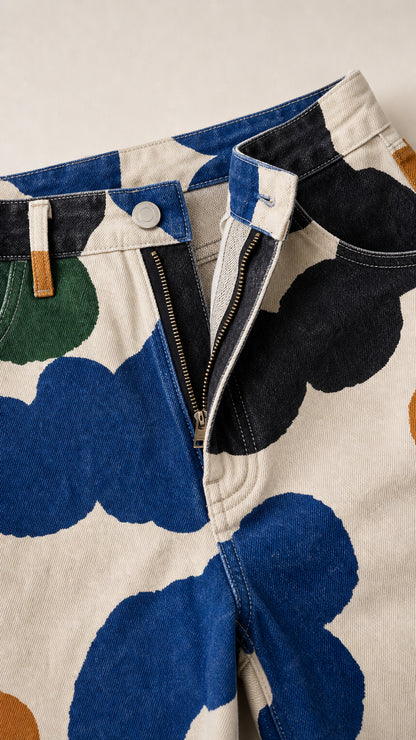 Close-up of denim waistband, zipper, and floral pattern detail