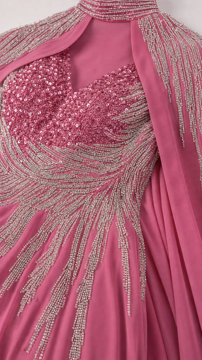 Close up detail of sparkling sequin and bead embellishment on pink bodice