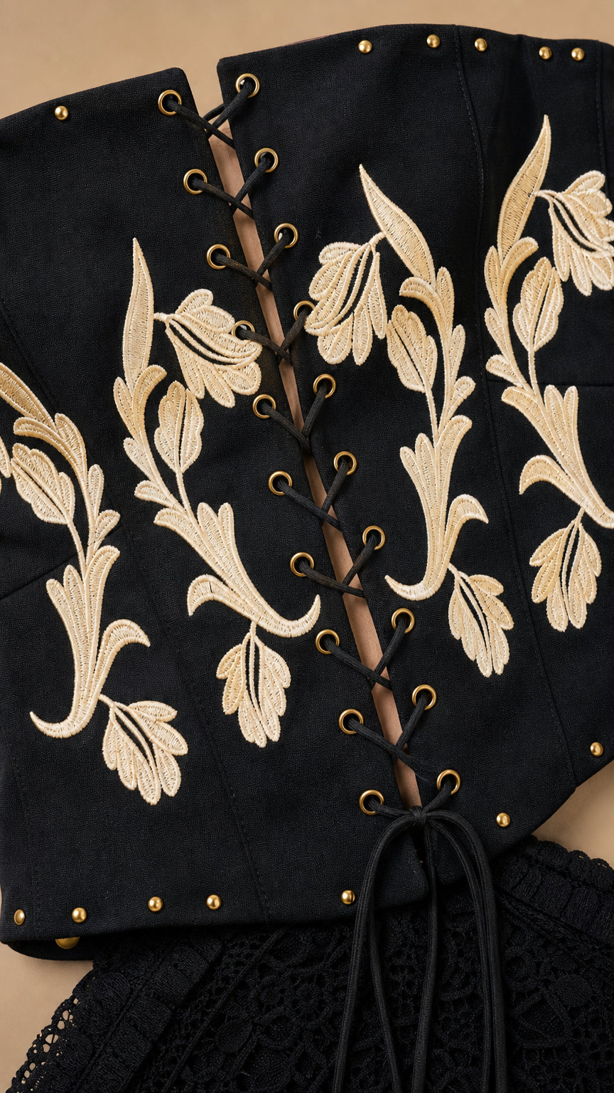 Close-up of black corset embroidery and lace-up front detail