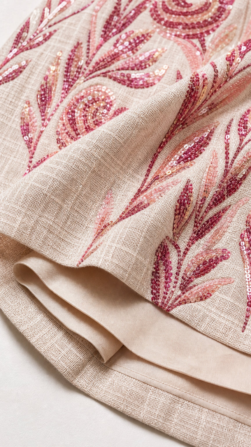 Close-up detail of textured fabric and sequin leaf embroidery