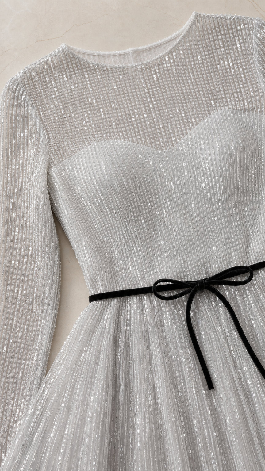 Close-up detail of bodice, round neckline, sleeves, and velvet bow belt