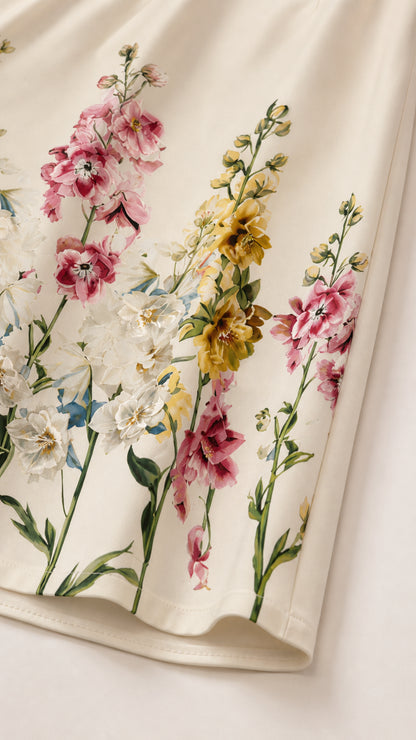 Close-up detail of the colorful botanical floral print on white fabric