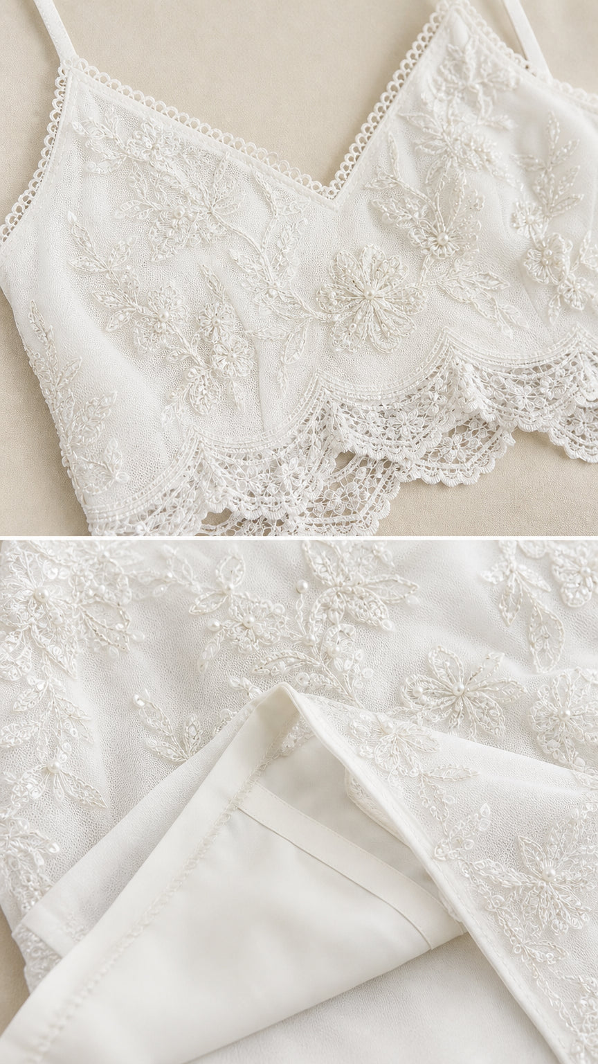 Close-up of white floral lace crop top and hem details
