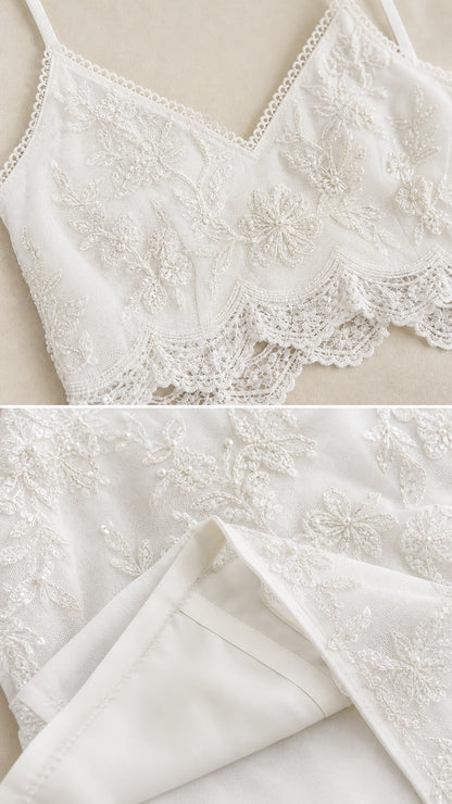 Close-up of white floral lace crop top and hem details