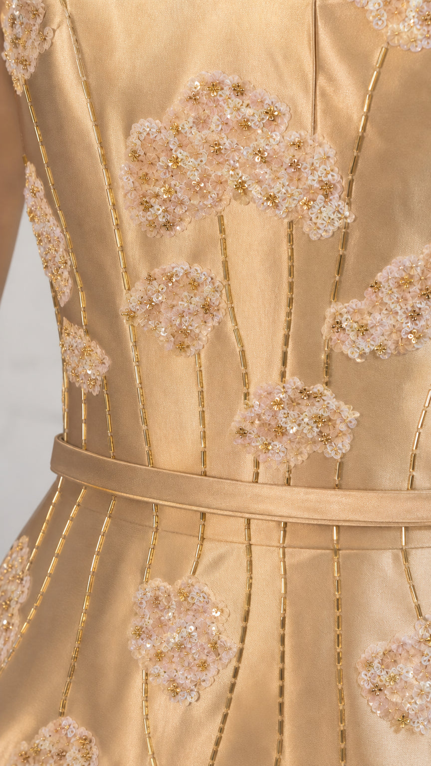 Close-up detail of textured floral embroidery and beading on satin bodice