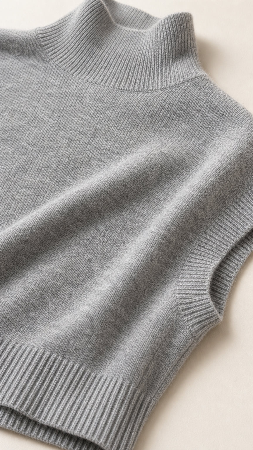 Close-up detail of the heather grey fine knit fabric, ribbed mock neck, and sleeve trim