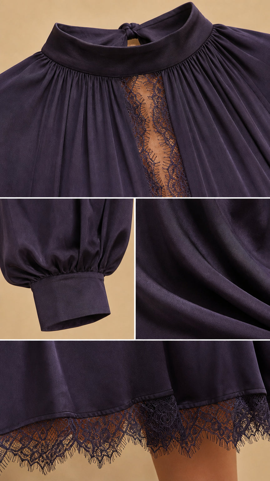 Close-up of plum dress neckline, lace inset, cuff, and scalloped lace hem