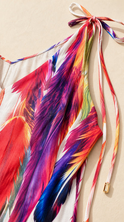 Close-up of shoulder tie strap and feather print fabric detail