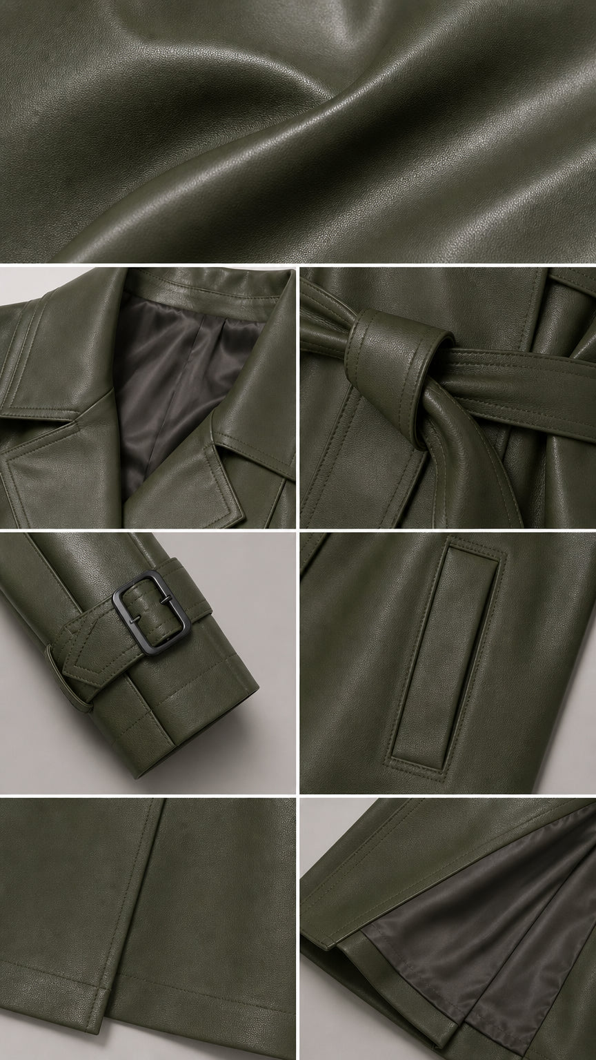 Close-up details of olive green trench coat fabric, collar, belt, and cuffs