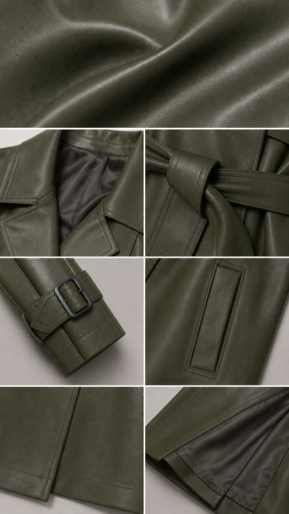 Close-up details of olive green trench coat fabric, collar, belt, and cuffs