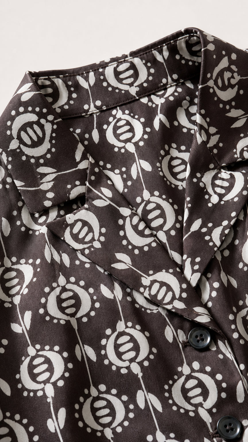 Close-up detail of collar and botanical print