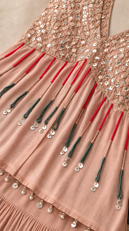 Close-up of sequin embroidery and coin tassel detailing on blush pink kurti