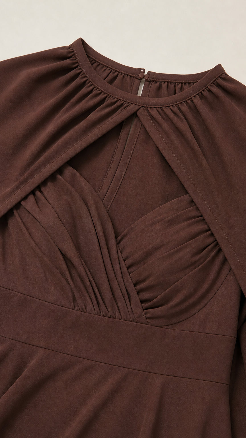 Close-up of pleated sweetheart bodice and cutout neckline