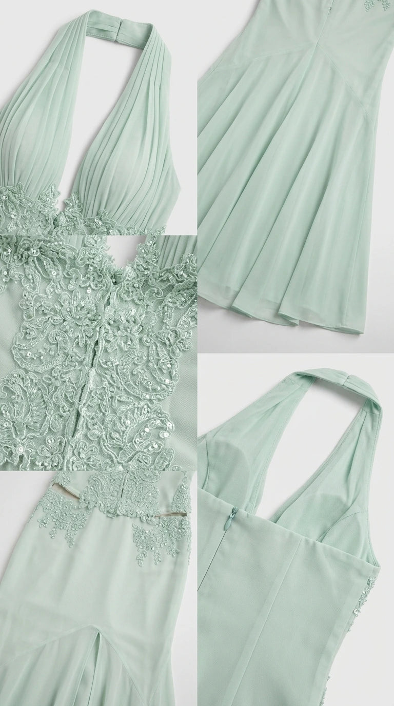 Close up details of lace appliques and pleated bodice