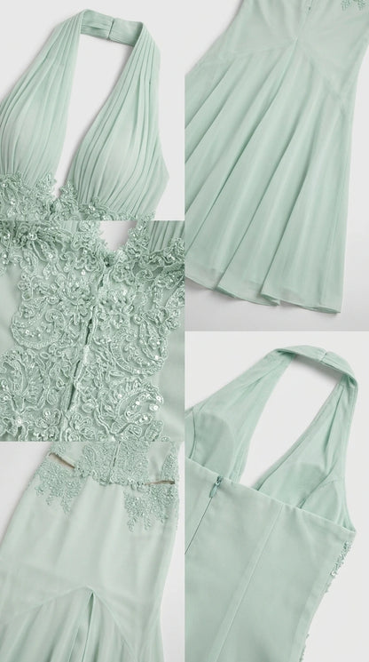 Close up details of lace appliques and pleated bodice