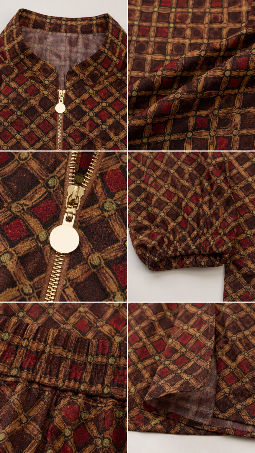 Close-up details of metallic zip pull, fabric print, elastic waist, and sleeve cuff