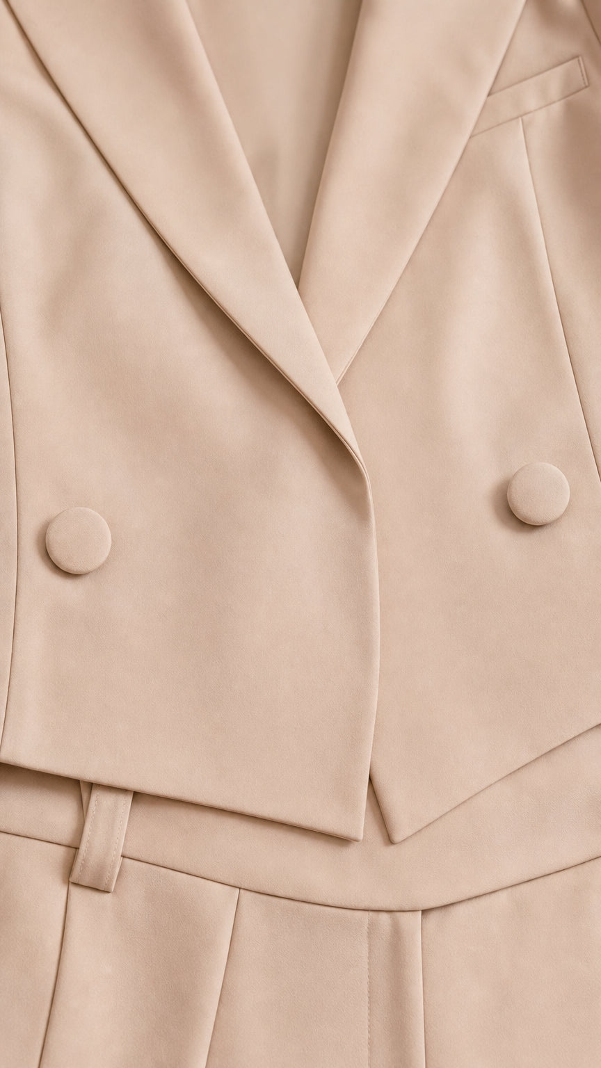 Close-up detail of beige blazer lapel, double-breasted buttons, and shorts waistband