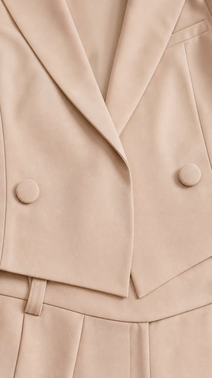 Close-up detail of beige blazer lapel, double-breasted buttons, and shorts waistband