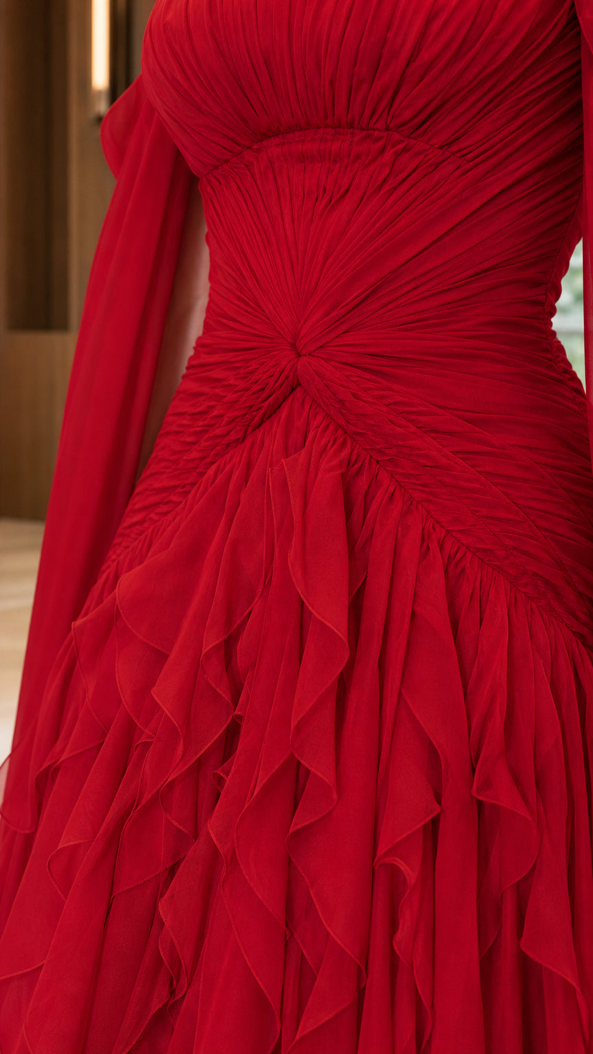 Close-up of red pleated ruched bodice and cascading chiffon ruffles