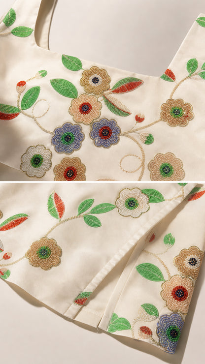 Close-up detail of floral embroidery, beading, and hemline on ivory set
