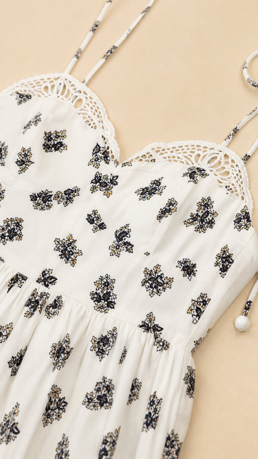 Close-up detail of crochet lace trim and floral print on dress bodice
