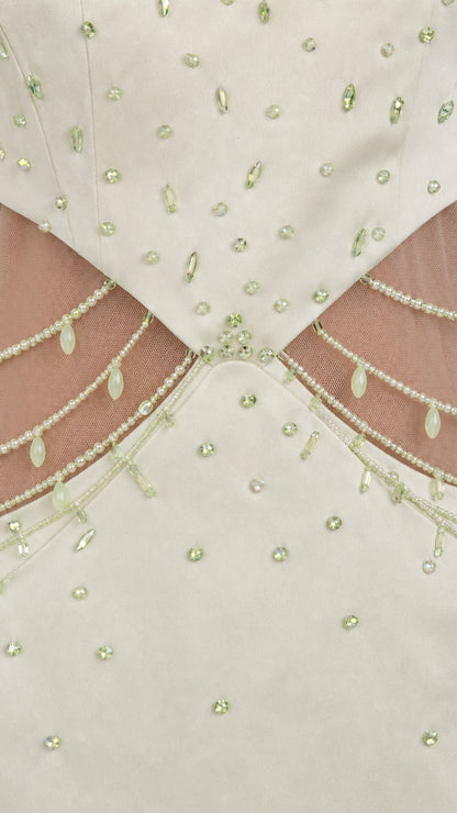 Close-up detail of crystal beadwork and mesh cutout on the dress