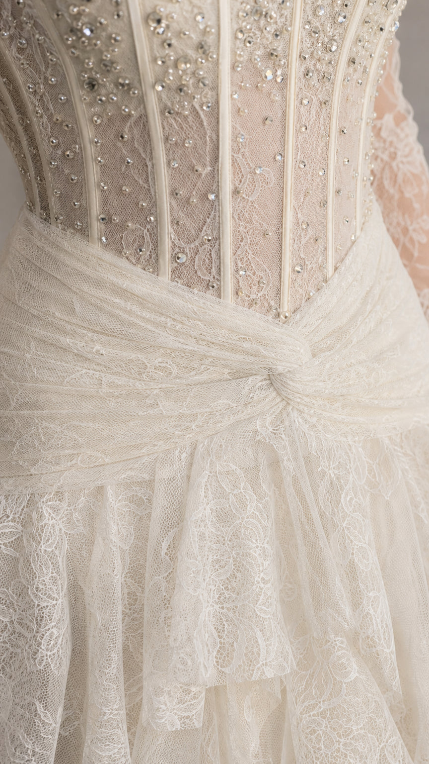 Close-up detail of rhinestone corset bodice and ruffled waist