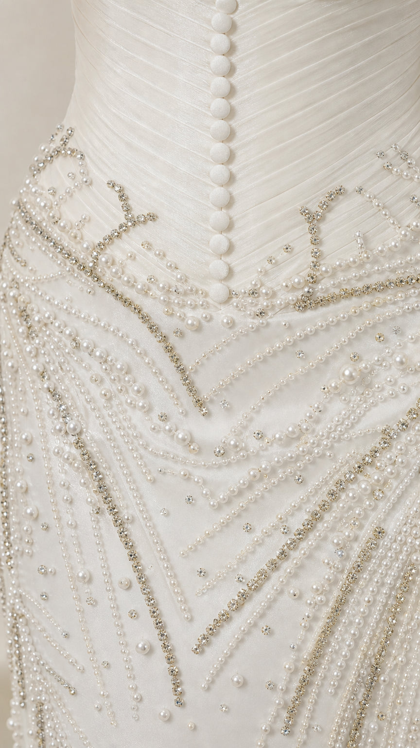 Close-up detail of pearl and crystal beadwork on the bodice and hip