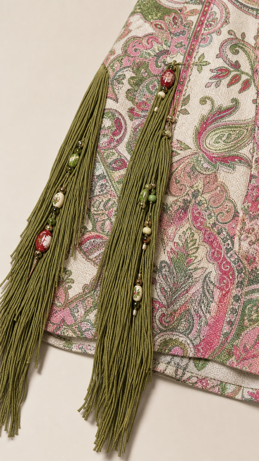 Close-up detail of green fringe trim and decorative beads on the dress