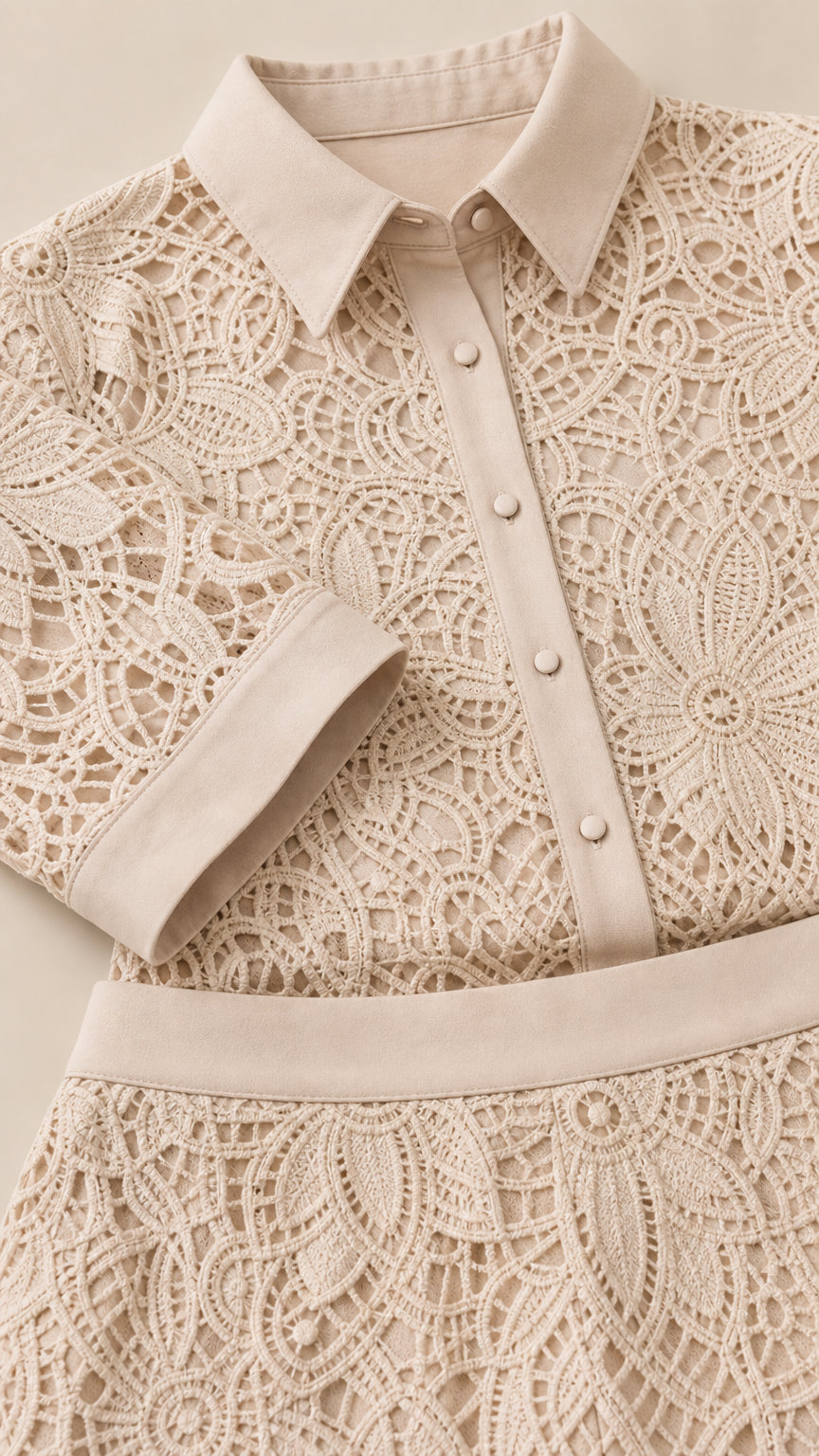 Close-up detail of lace texture, collar, button placket, and waistband on beige set